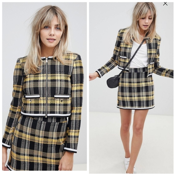 ASOS Jackets & Blazers - ASOS DESIGN Yellow Check Boucle Cropped Suit Blazer